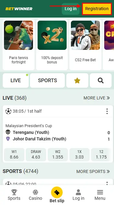 Betwinner Registration Button