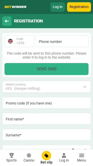 Betwinner Registration Form