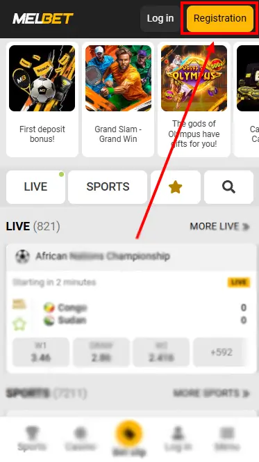 Registration Button At Melbet Home Page
