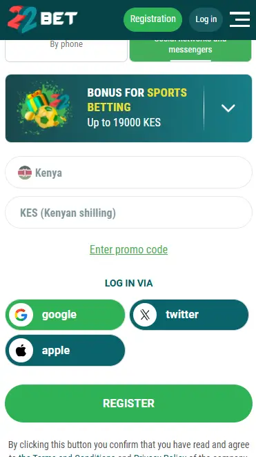 Social media registration 22Bet Kenya