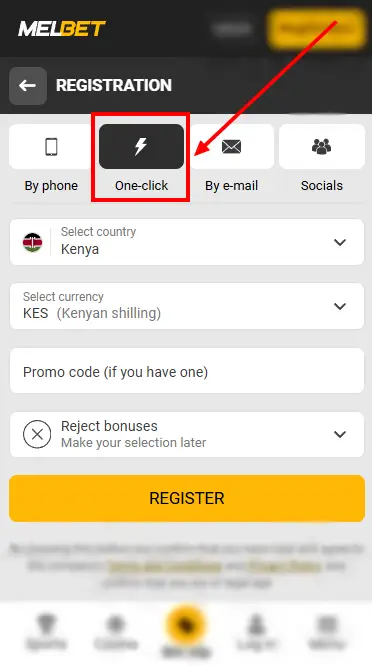 One Click  Registration Form At Melbet