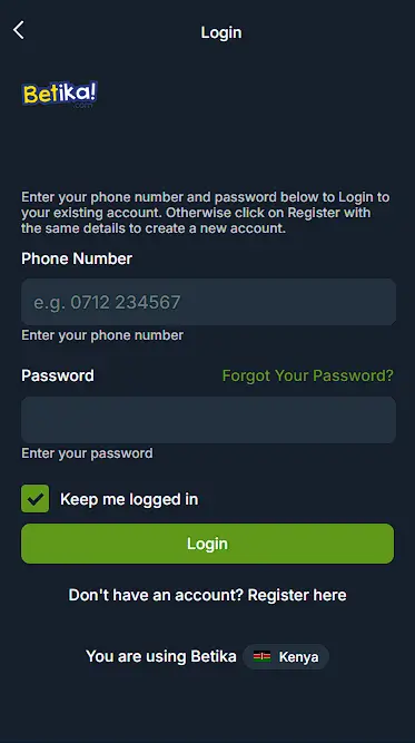 betika login form