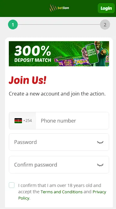 Betlion Registration Form in the App