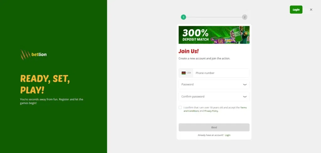 Betlion Registration Form on the Website