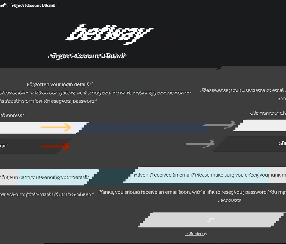 Betway password recovery page