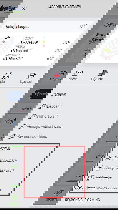 Profile part of Bet at home menu