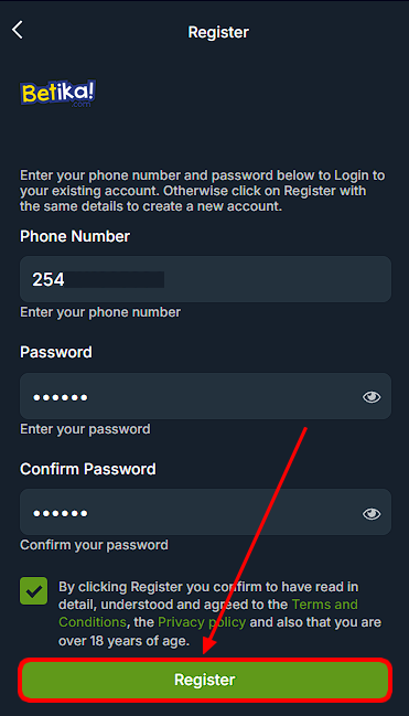 Betika Kenya Registration Form