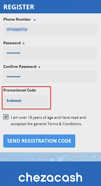 Chezacash registration page