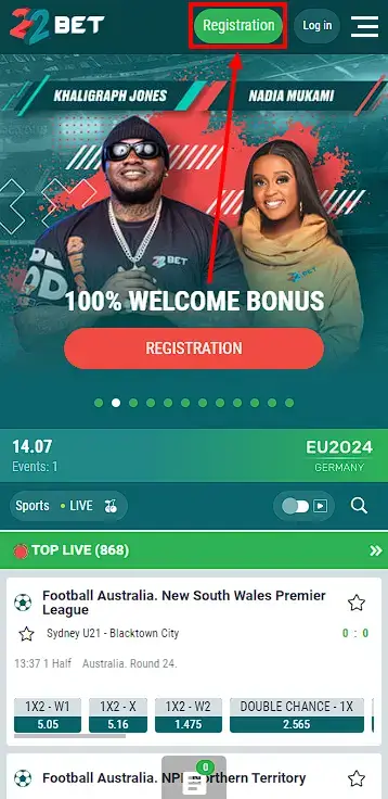 22bet registration online