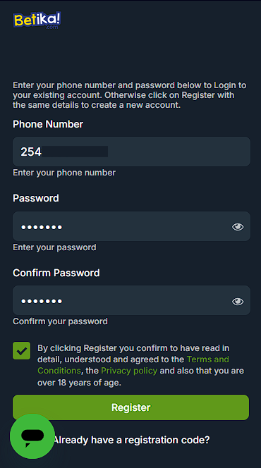 Betika Kenya registration form