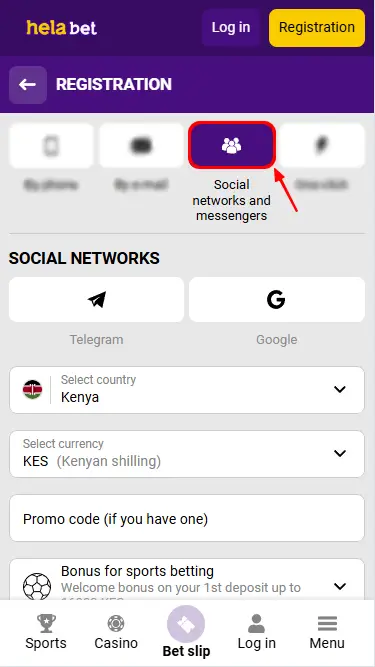 Helabet Registration Process via Social Networks and Messengers