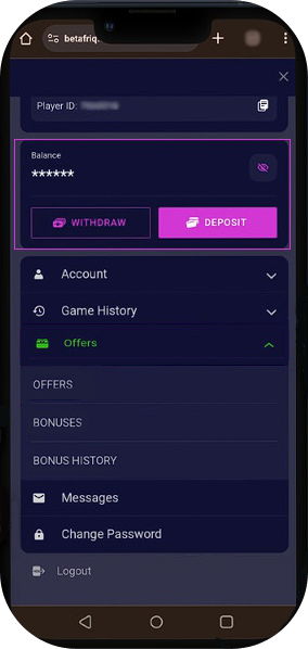 Betafriq transactions menu