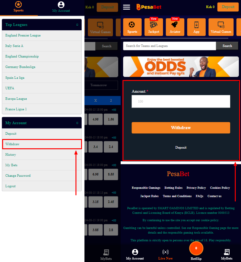 Withdrawal of winnings on PesaBet