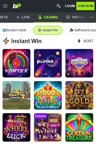 Betpawa Casino Instant Win Game Options