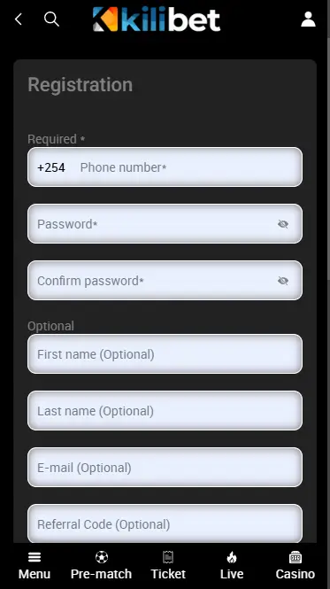 The registration form on Kilibet