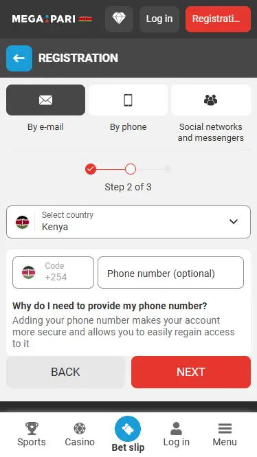 Registration by e-mail on Megapari