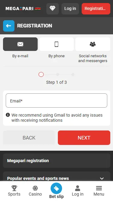 Registration by e-mail on Megapari