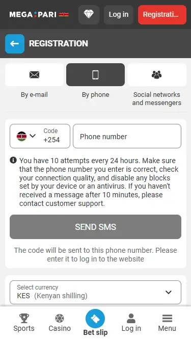 Registration by phone number on Megapari