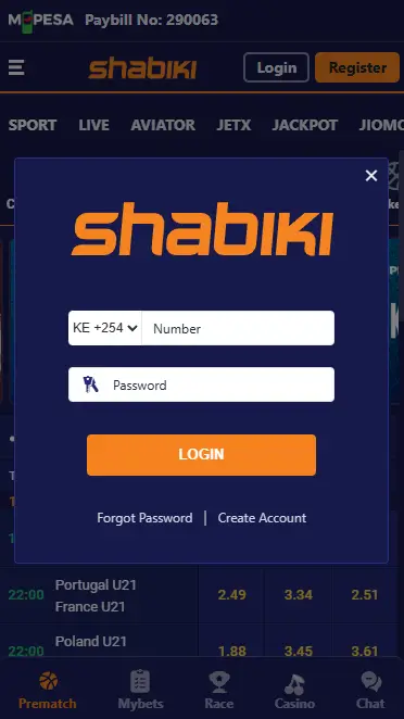 Shabiki Login Form