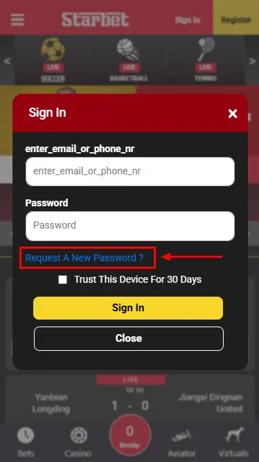 Password recovery on StarBet