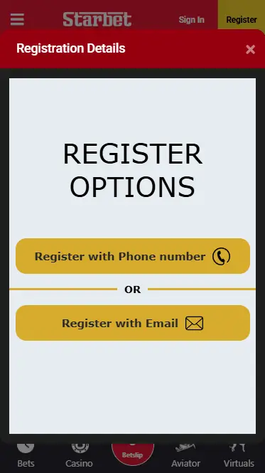 Registration with phone number on StarBet