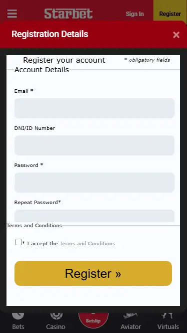 Registration with e-mail on StarBet