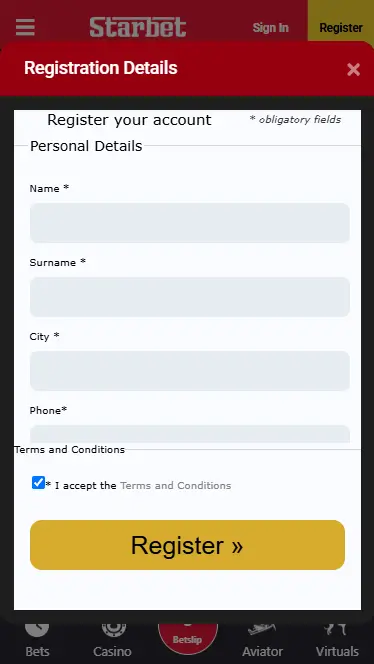 Registration with e-mail on StarBet