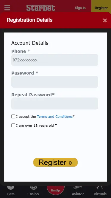 Registration via SMS on StarBet