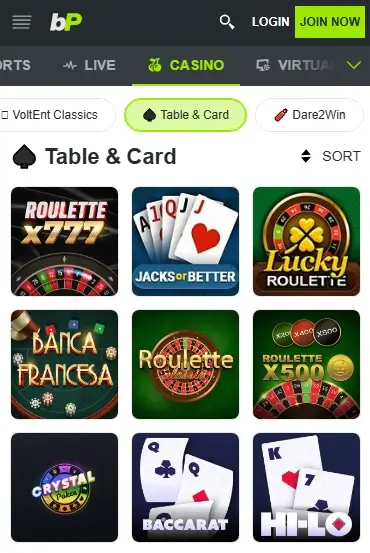Betpawa Table And Card Game Selection