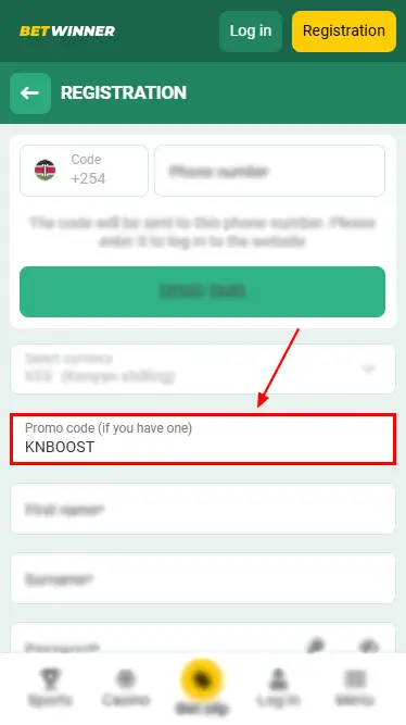 Betwinner Promo Code Activation in the Registration Form