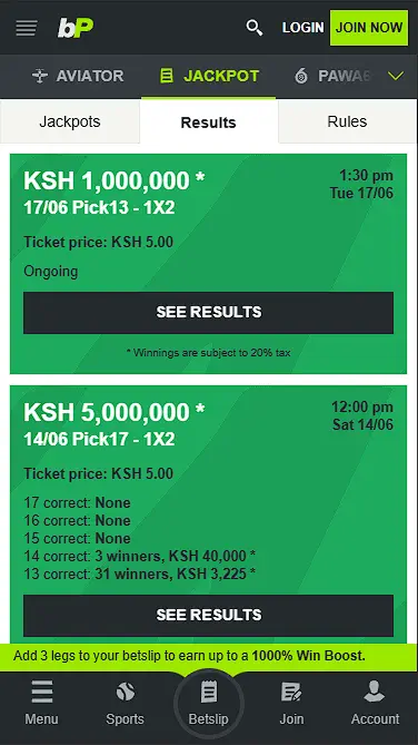 Betpawa Jackpot Results