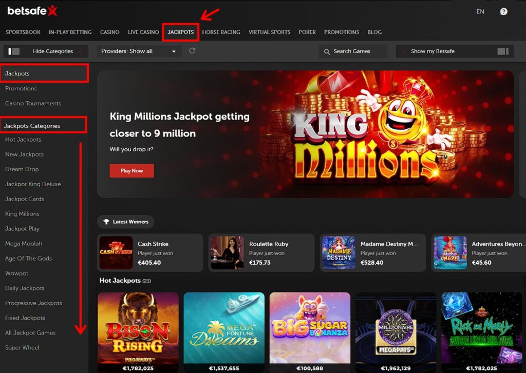 Betsafe jackpots menu