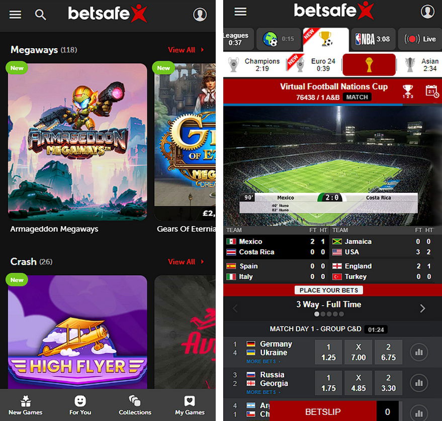 Betsafe casino and virtual sport tabs