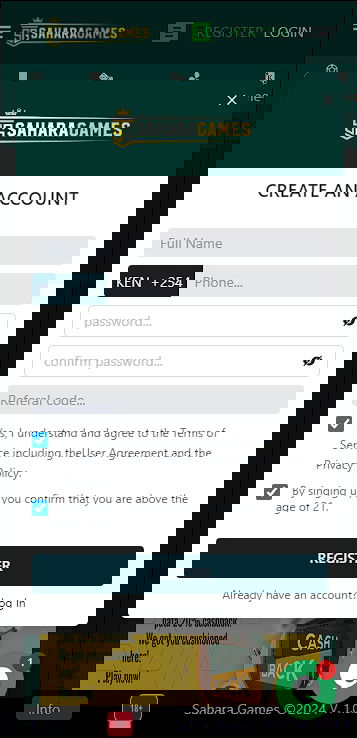 Sahara Games registration page on phone