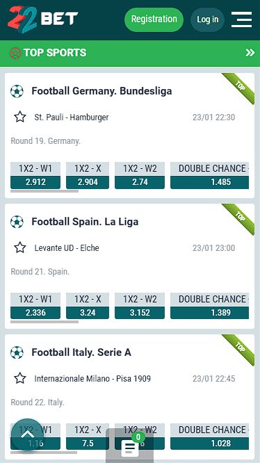 22bet Odds on Football